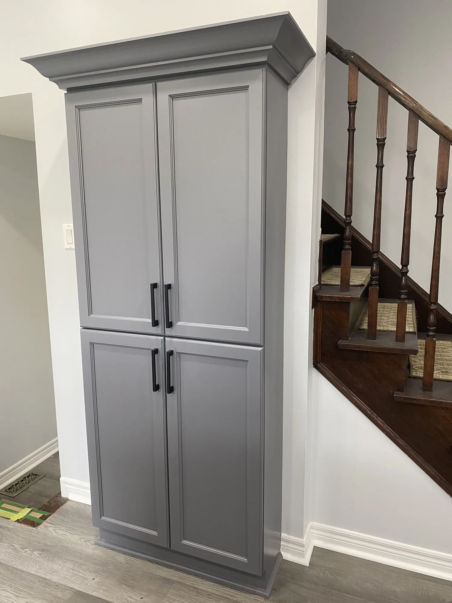 After — cherry refinished grey, new black handles, counters by others — Churchill Meadows, Mississauga