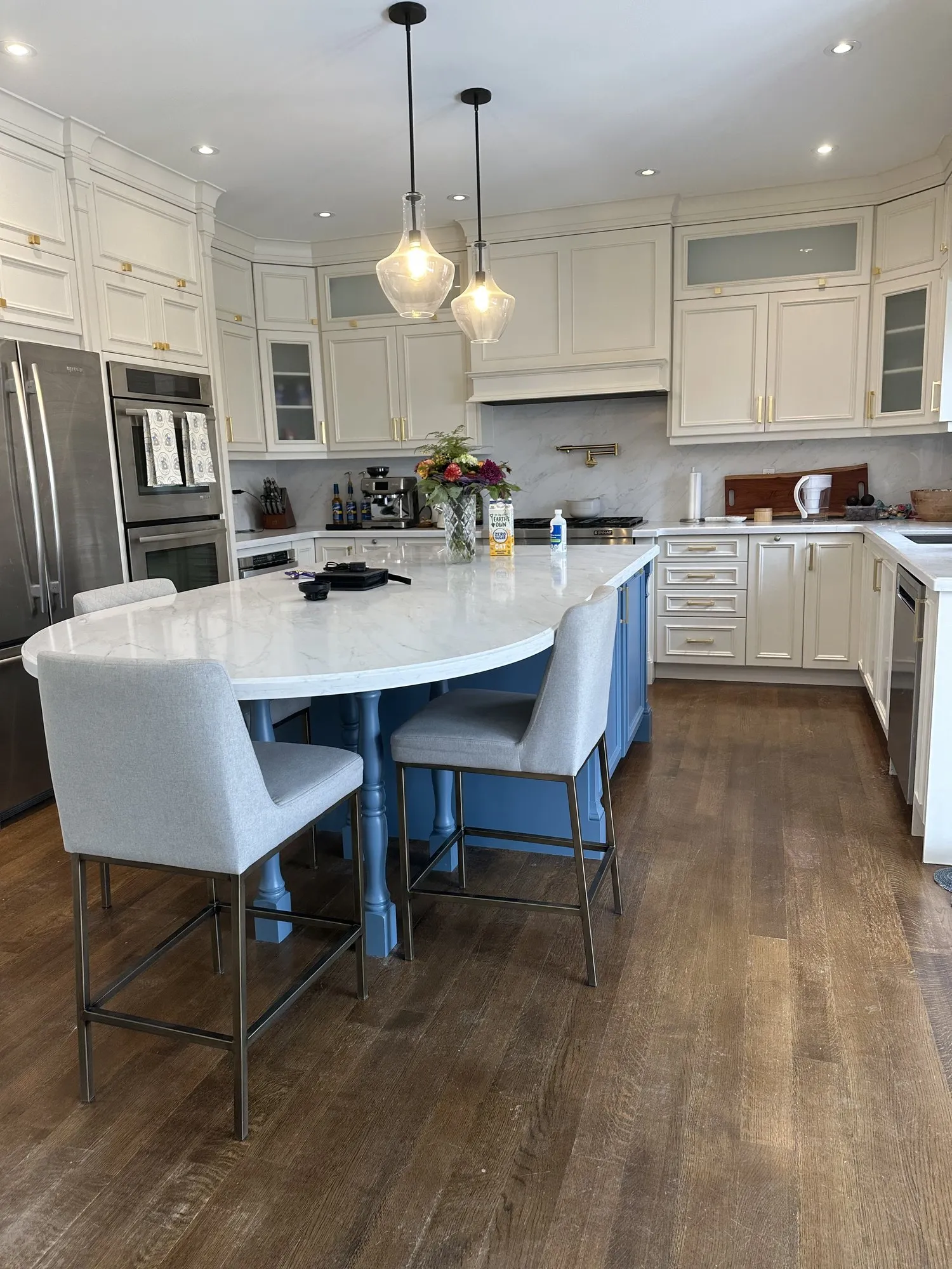 After — espresso island sprayed blue, coffee station built to match in Markham Village, Markham