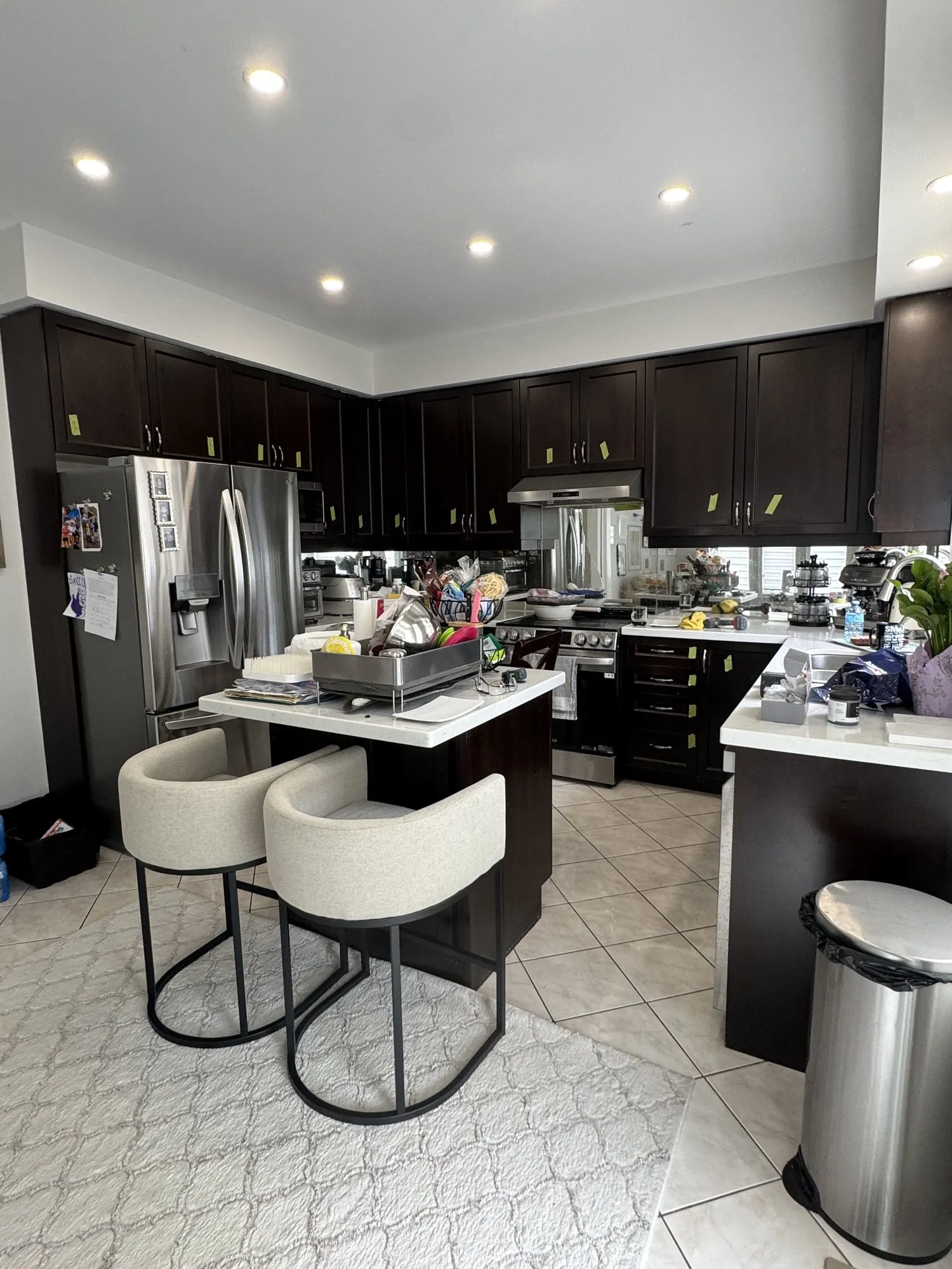 Before — espresso sprayed Natural Cream, island cabinets built, new counters in Patterson, Vaughan