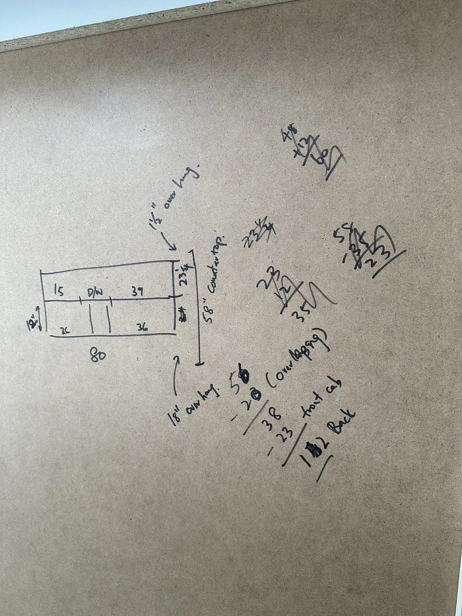 The island layout drawn in marker on the brown floor protection — an eighty inch run divided into cabinet widths with the dishwasher position marked, and the overhang arithmetic worked out beside it