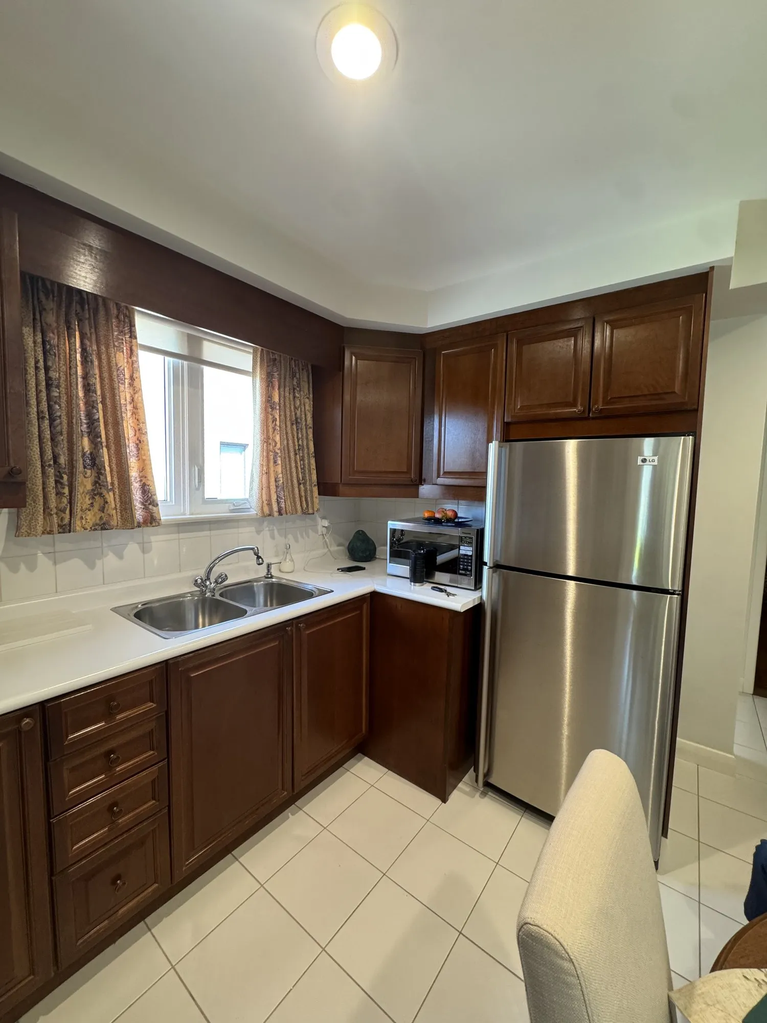Before — dark walnut sprayed one grey tone, three cabinets rebuilt — Pelmo Park-Humberlea, Toronto
