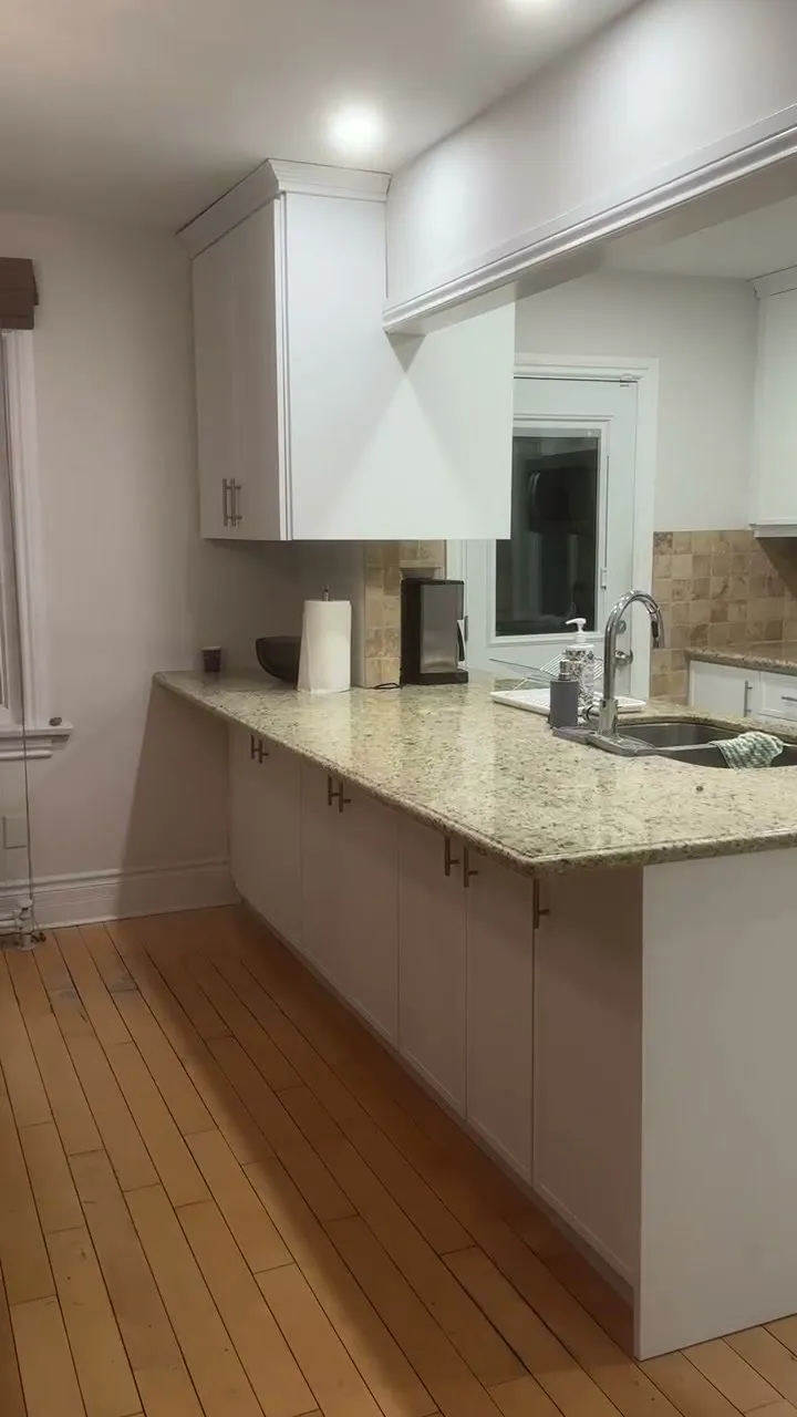 The finished College Park kitchen — white thermofoil doors on the original cabinet boxes, the existing speckled granite counters kept, and the original bar pulls refitted