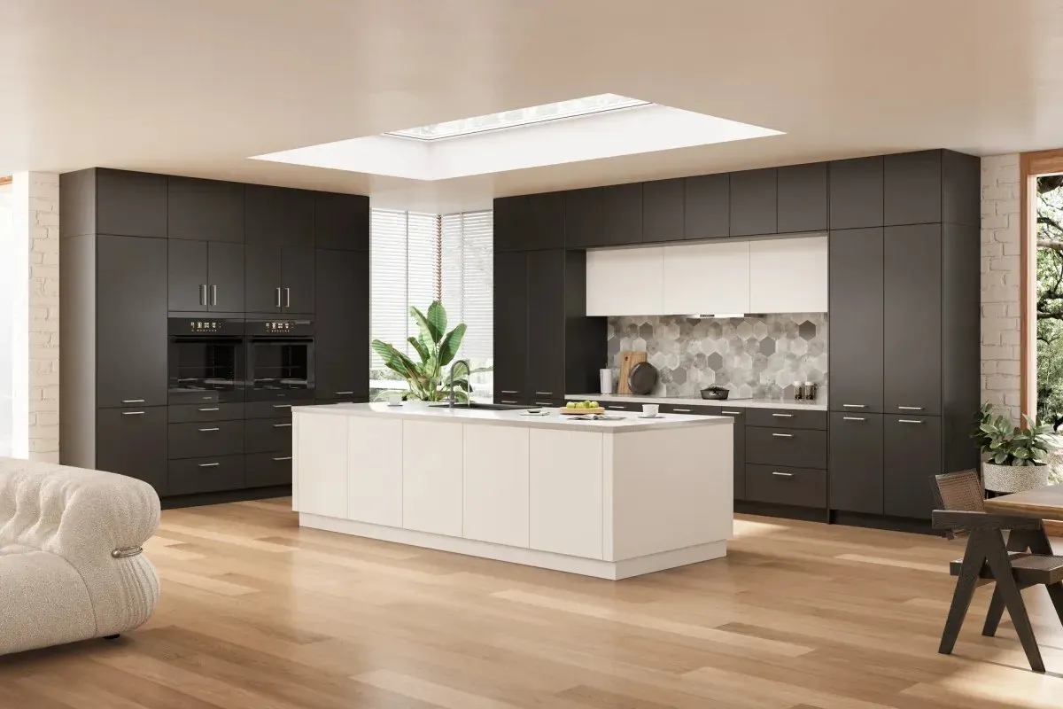 A matte anthracite grey flat-slab kitchen