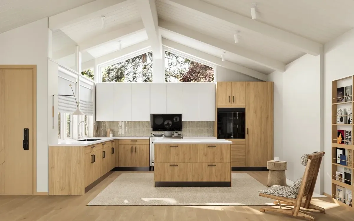 An oak wood-grain kitchen with a full run of cabinets