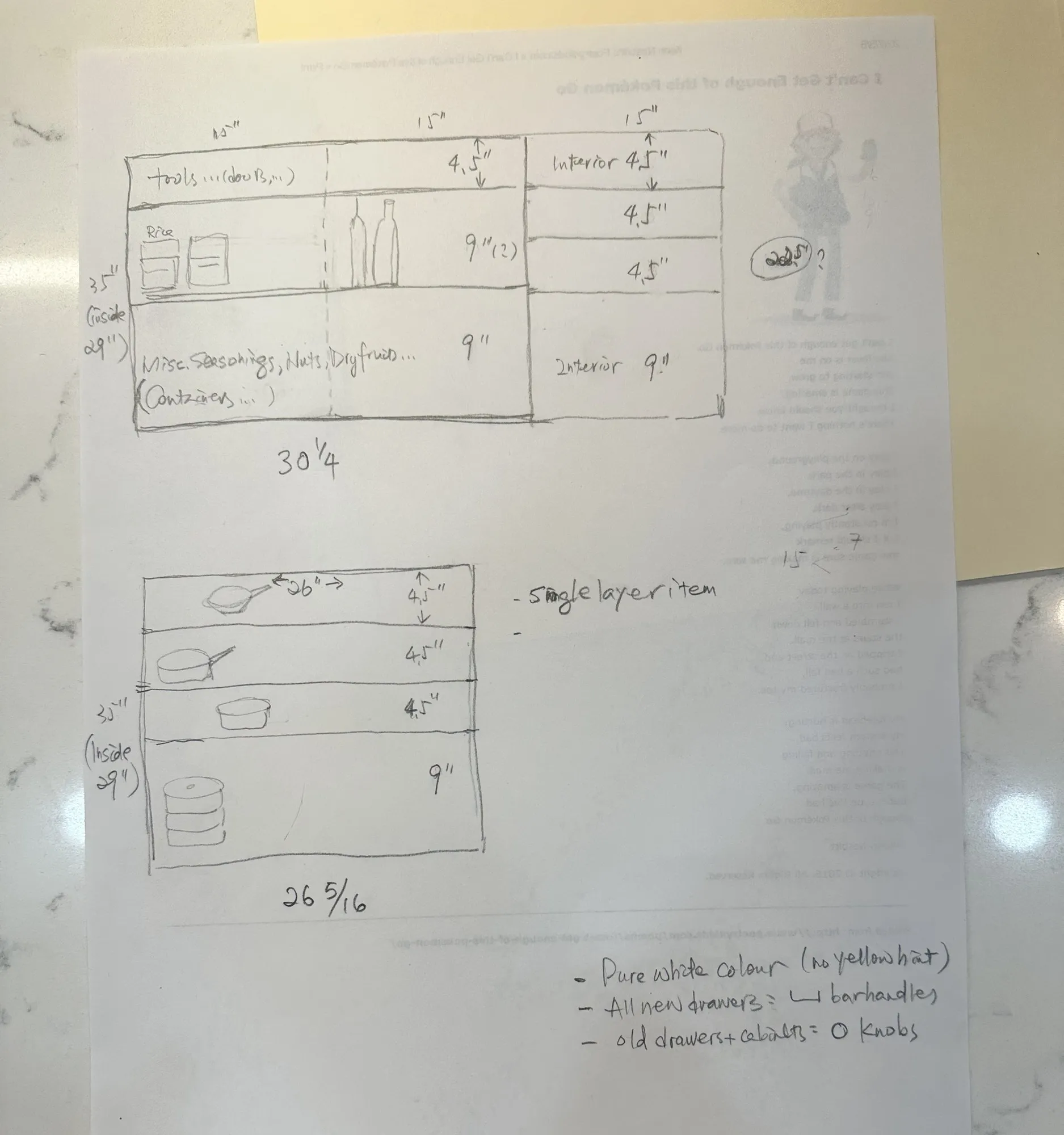 The client's hand-drawn plan of two cabinets, each divided into drawers marked four and a half and nine inches, with the intended contents sketched inside every one