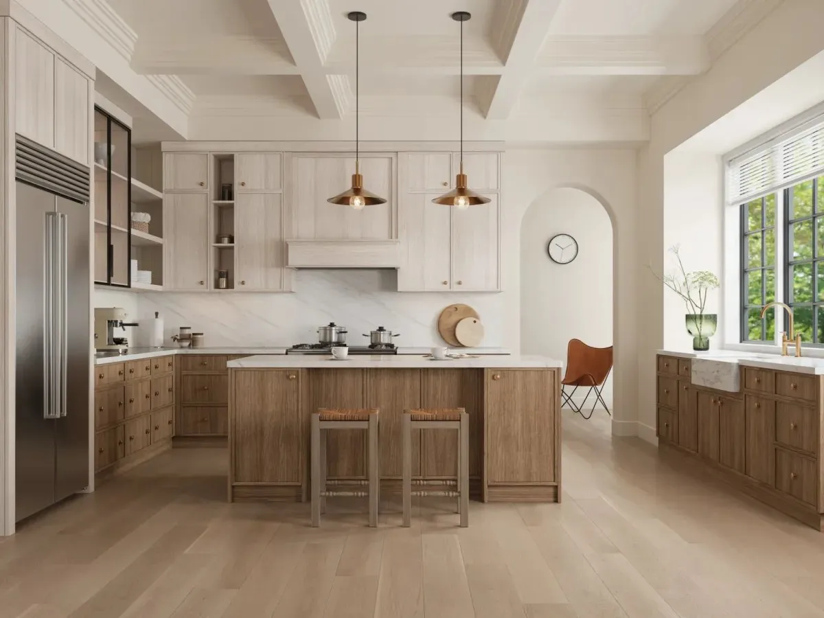 A warm timber slim-shaker kitchen with an island