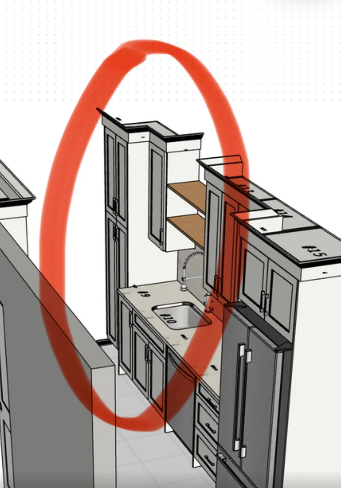 The 3D design drawing of the new kitchen with each cabinet numbered, and a red circle drawn around the sink run where the floating shelves replace wall cabinets