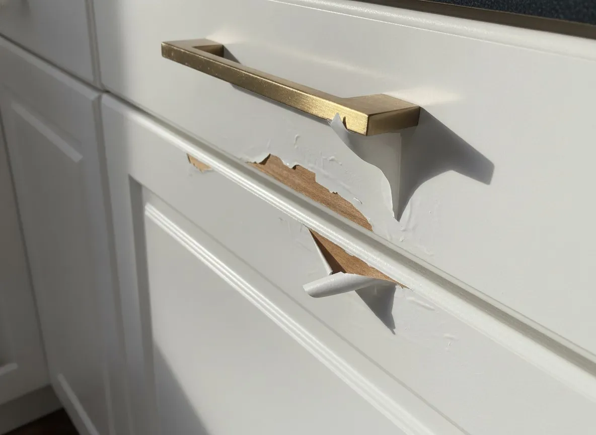 Paint lifting away from a cabinet door below the handle, curling back in flakes to the older finish underneath