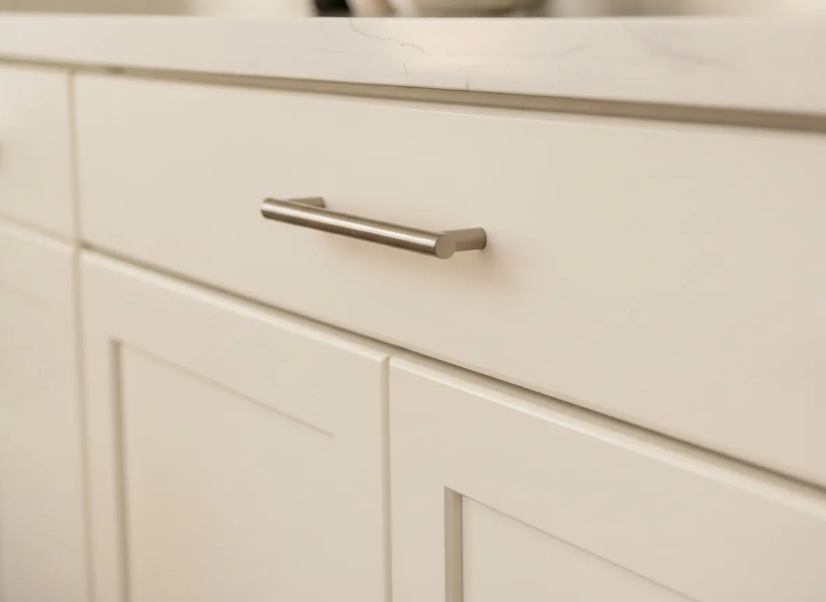 A painted shaker door and its handle in daylight, the satin finish smooth across panel and rail