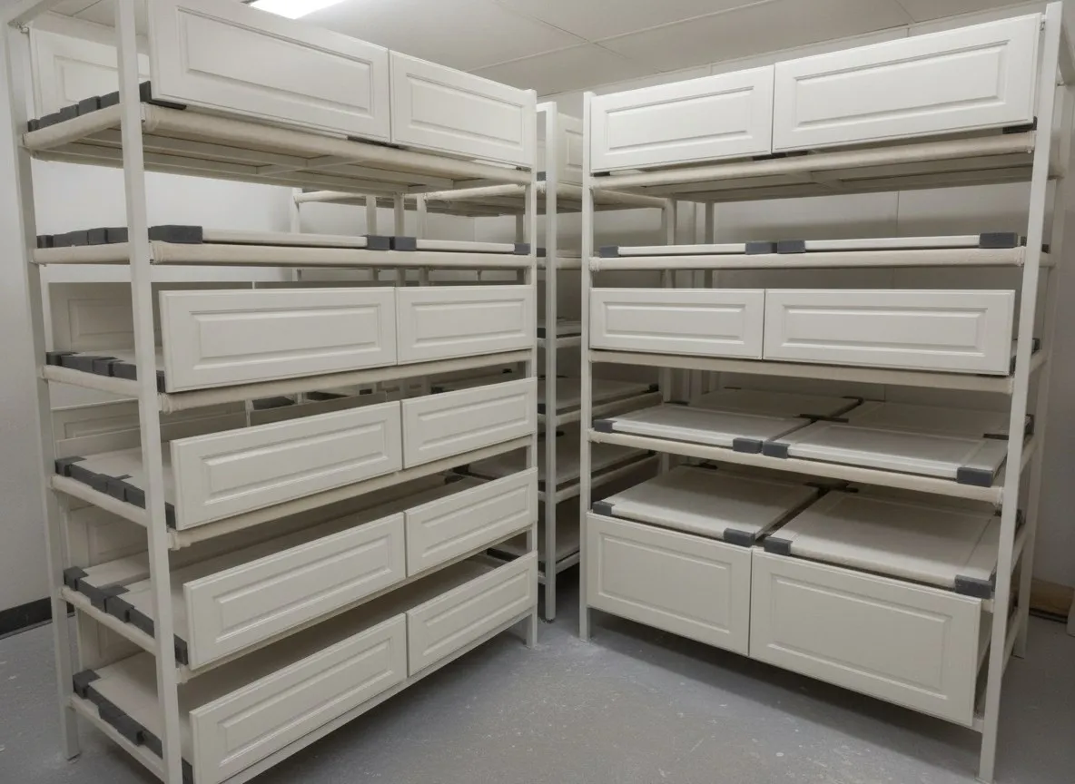 Sprayed doors resting on padded racks in a quiet room while the finish cures