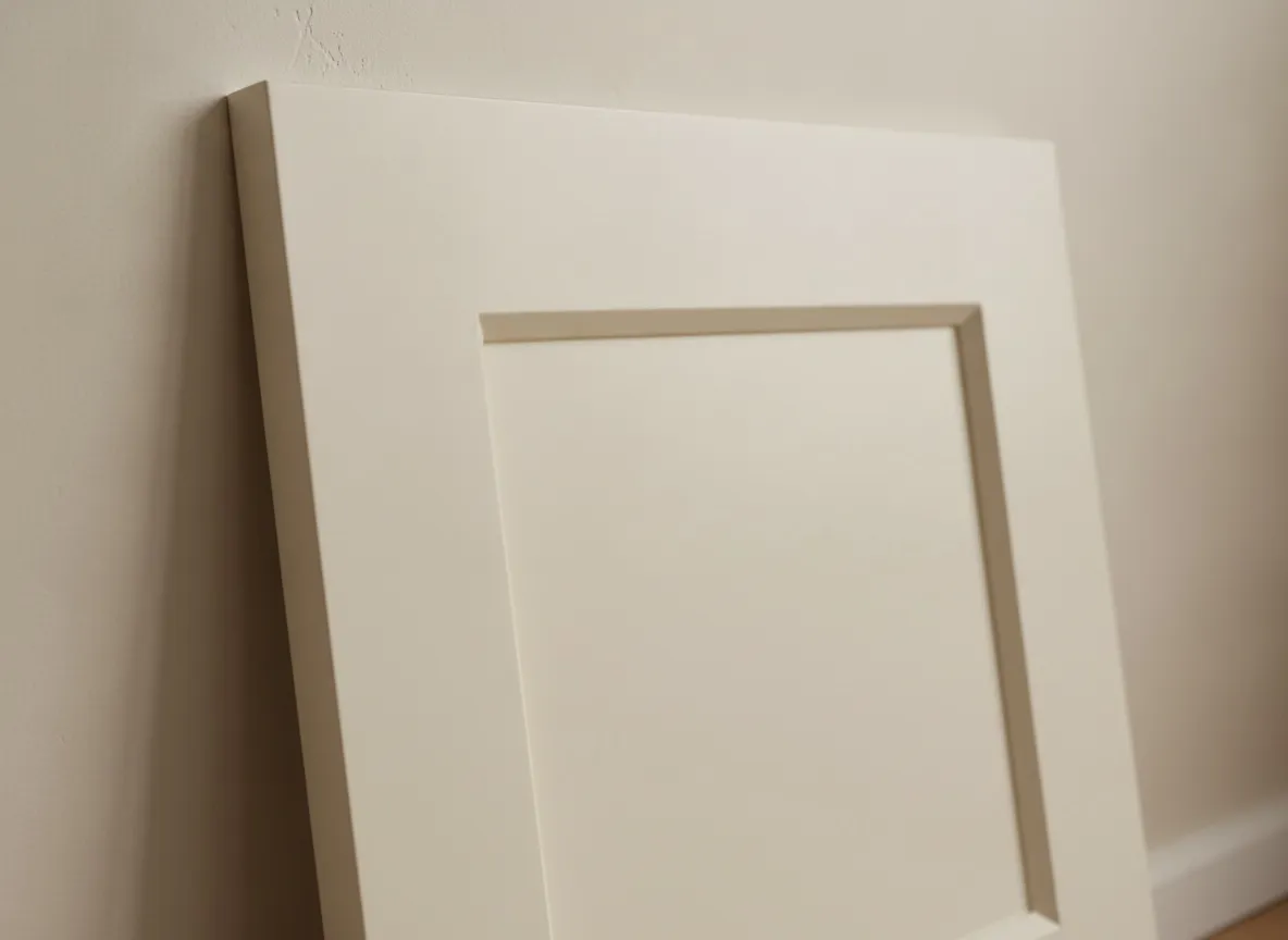 A single sprayed shaker door leaning against a wall, the finish even across the face in raking light