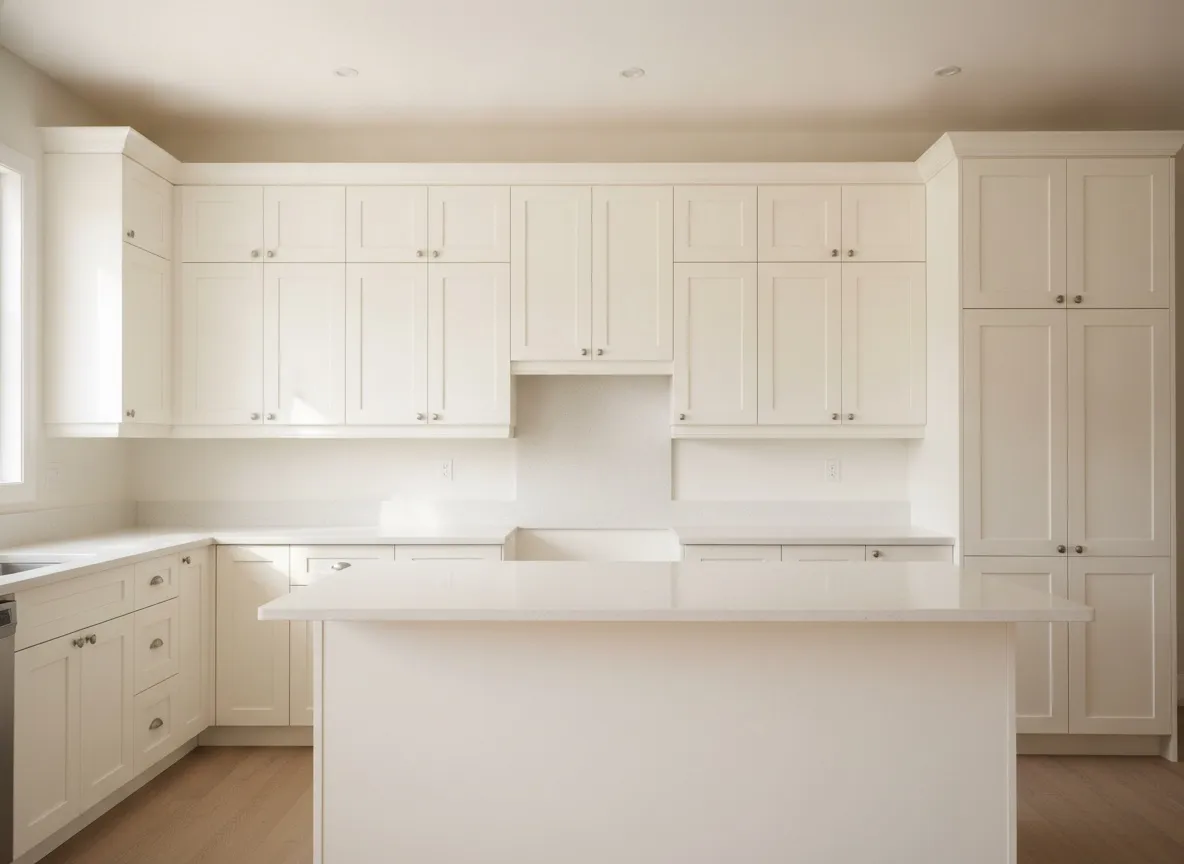 A run of shaker doors and drawer fronts across uppers, lowers, an island and a tall pantry — the fronts a painting quote is counted from