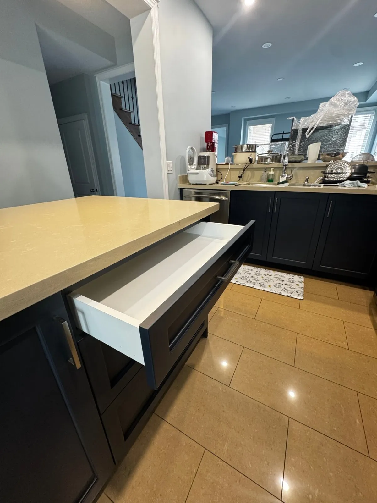 An open Hale Navy island drawer with a bar pull, under a quartz countertop