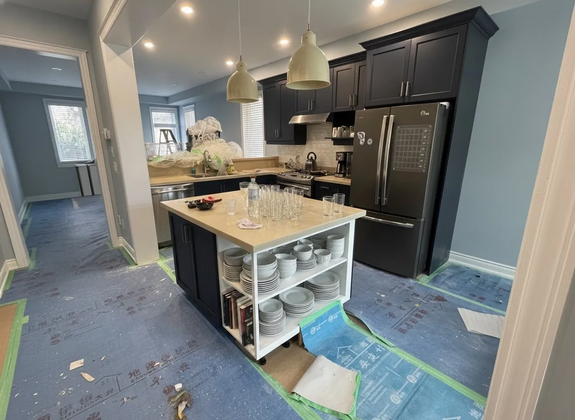 A kitchen with every door off, the boxes standing open as shelving with everything still where it was