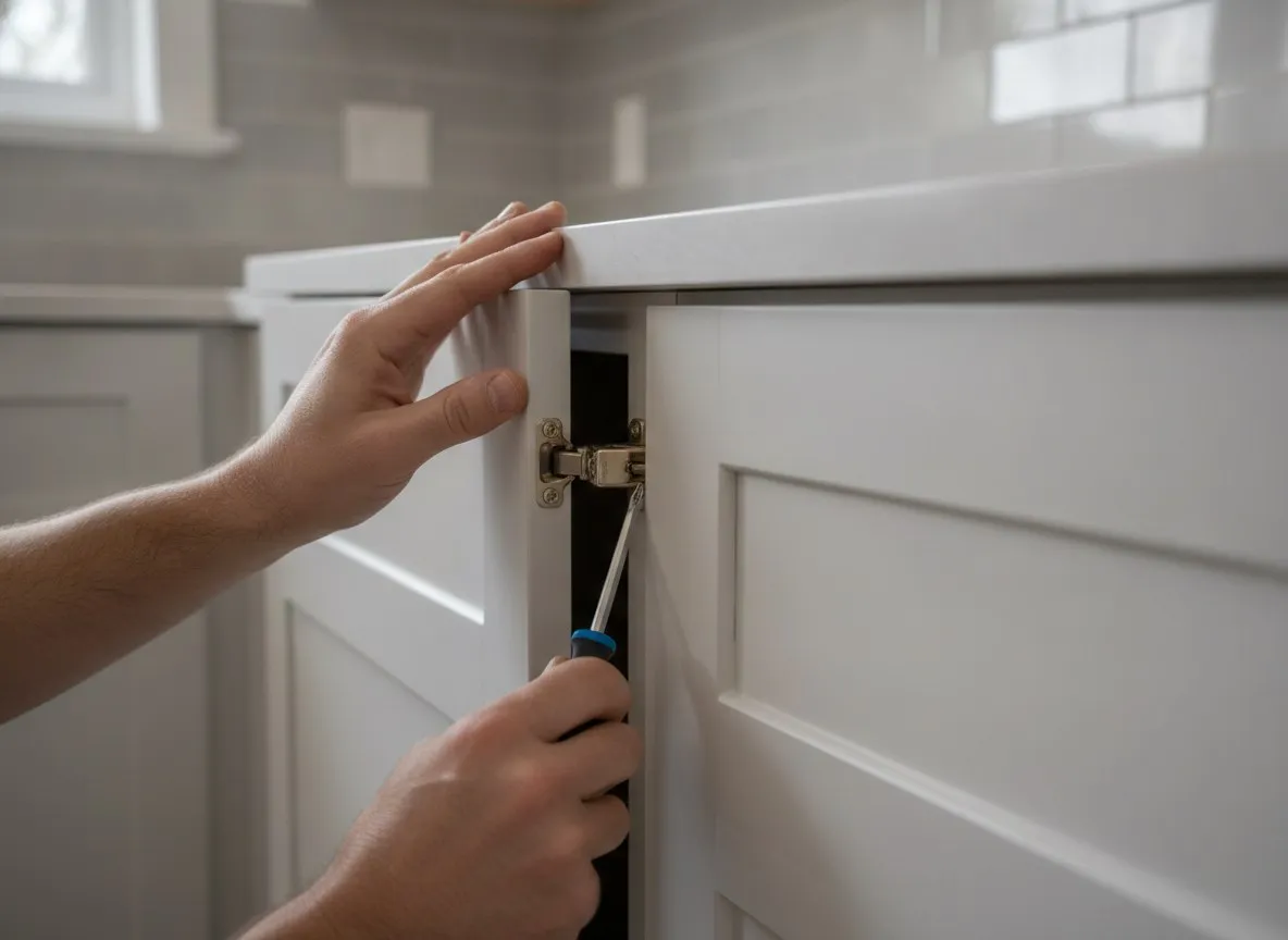 A finished door held to its frame while the hinge is adjusted and the gap set even