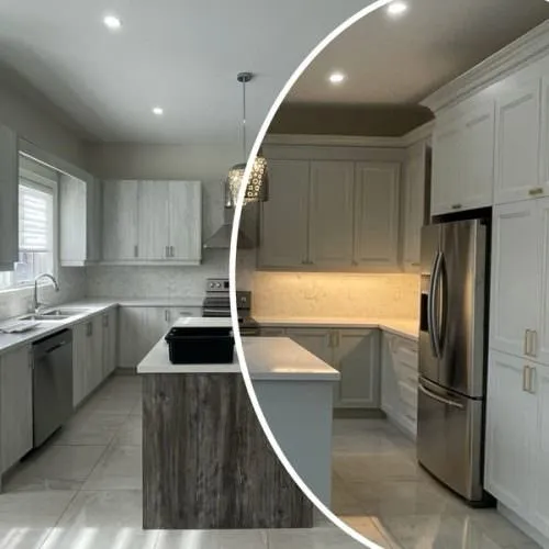The same Oakville kitchen before and after refacing — grey woodgrain fronts replaced with white doors and a repainted island