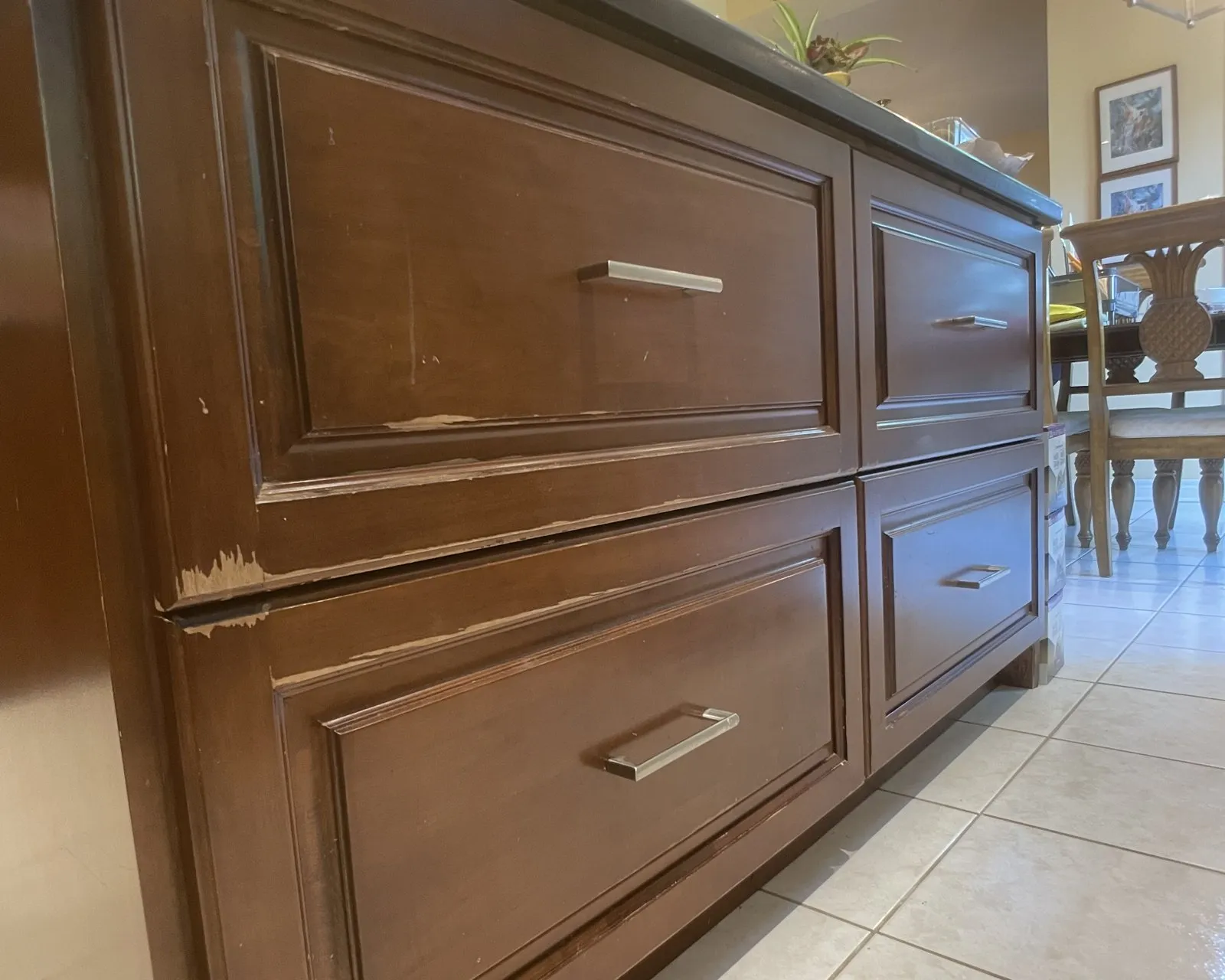 Before — worn finish stripped back, same doors restained — Falgarwood, Oakville