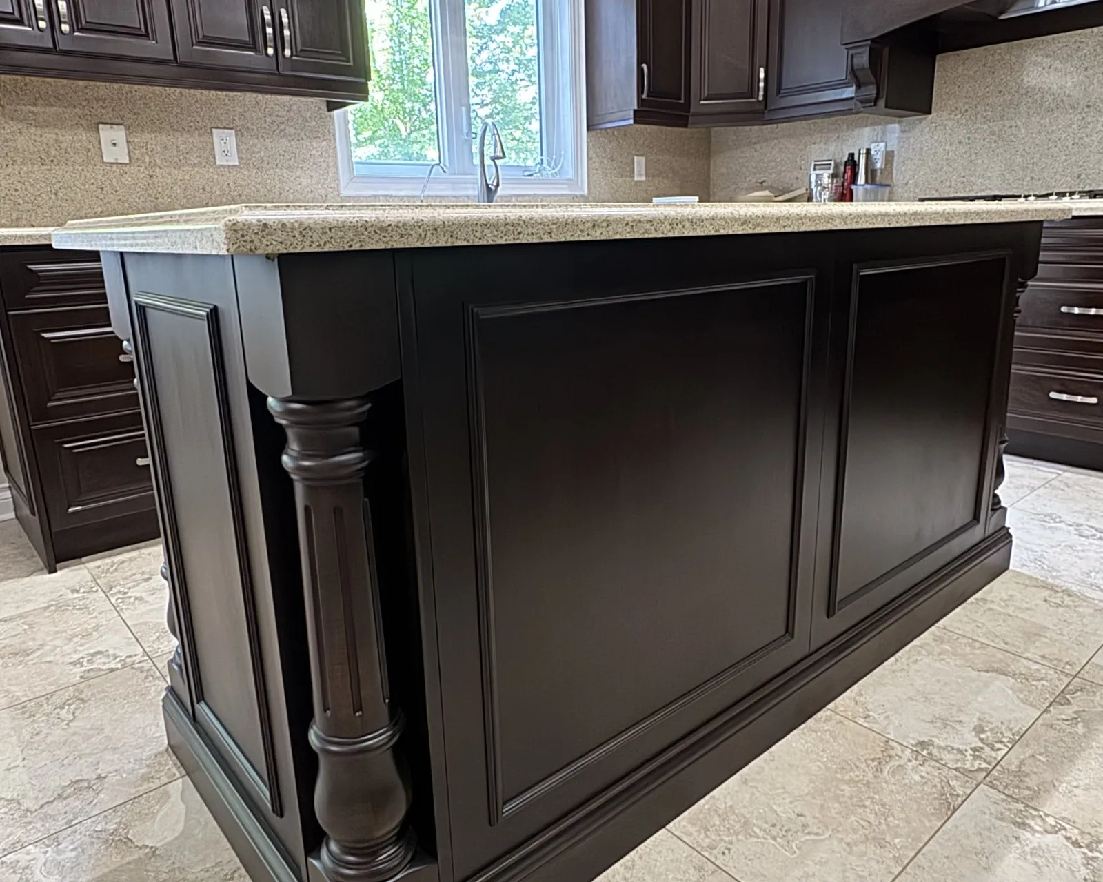 After — stripped to bare timber, restained dark — Wedgewood Creek, Oakville