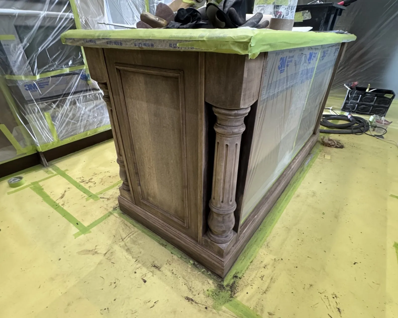Before — stripped to bare timber, restained dark — Wedgewood Creek, Oakville