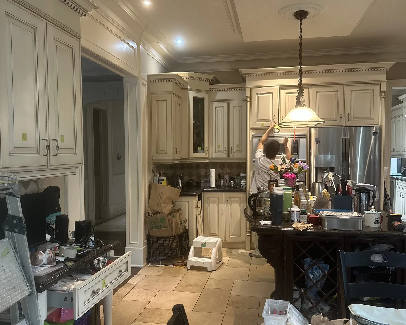 Before — worn tops replaced, marble-look quartz through — Bronte Harbour, Oakville