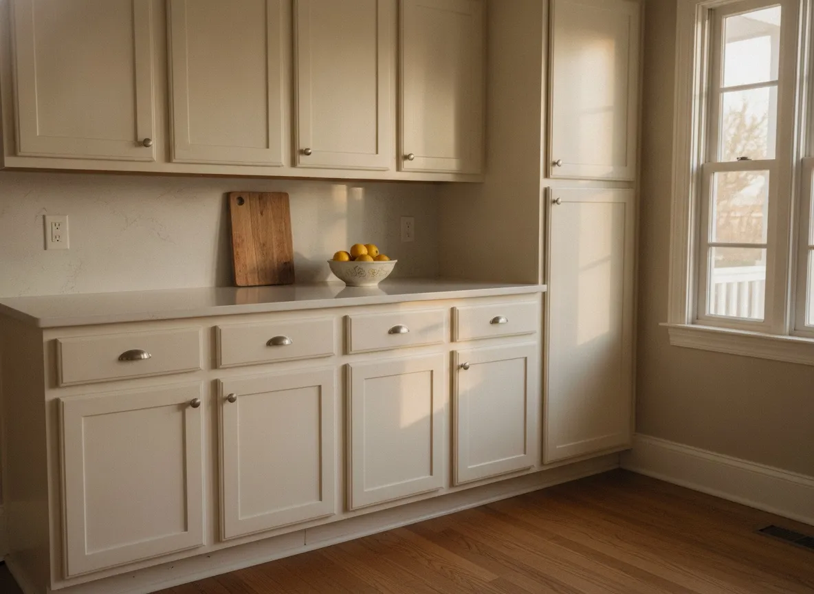 A kitchen run painted soft warm white above a warm oak floor, morning light across the doors