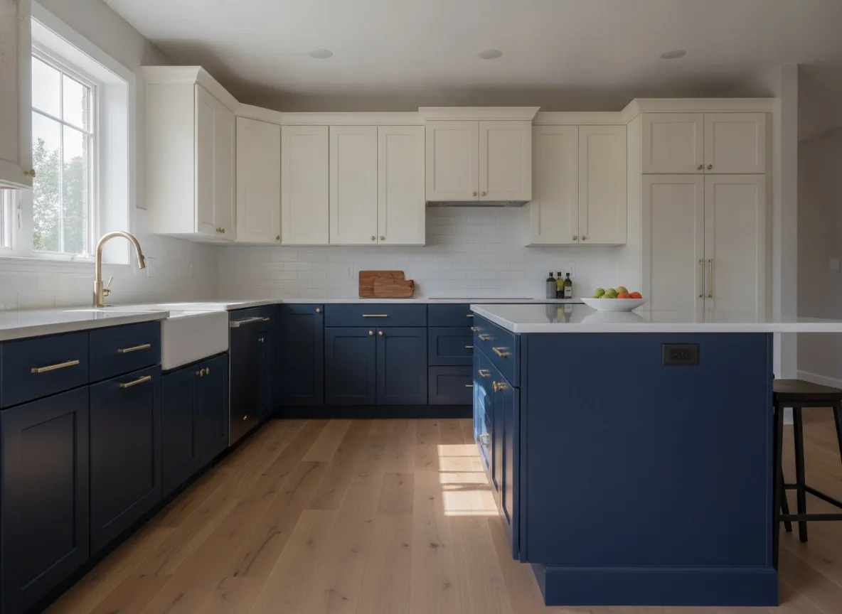 A two-tone kitchen with navy lowers and an island under white uppers, both in the same satin finish